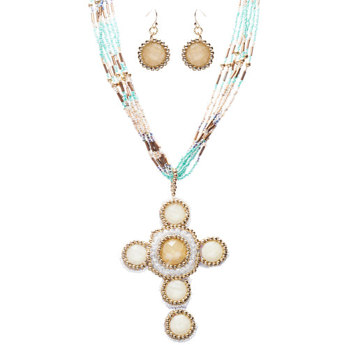 Cross Jewelry Traditional Design Beaded Necklace & Earrings Set JN245 Beige