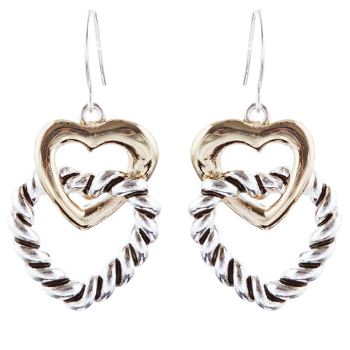 Duo Tone Double Hearts Link Drop Earring Gold Silver