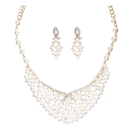 Bridal Wedding Jewelry Set Crystal Rhinestone Pearl Stunning Bib Gold Cream AB - Accessoriesforever