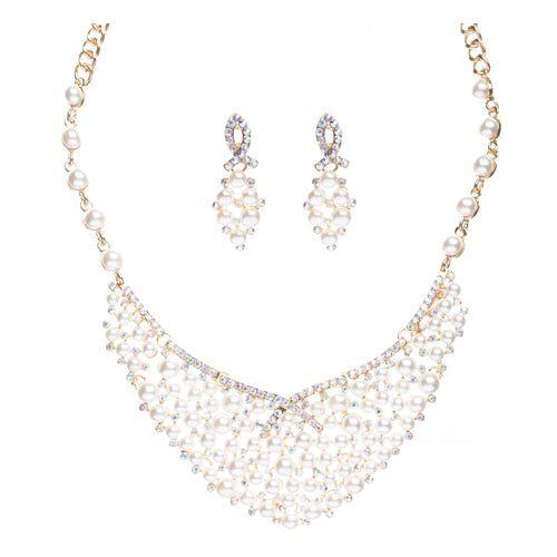 Bridal Wedding Jewelry Set Crystal Rhinestone Pearl Stunning Bib Gold Cream AB - Accessoriesforever