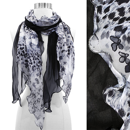 Duo Layered Floral Leopard Animal Chiffon Scarf Black