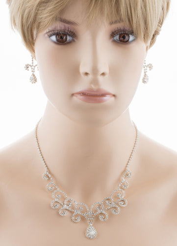 Bridal Wedding Jewelry Set Crystal Rhinestone Vintage Swirl Necklace Silver - Accessoriesforever