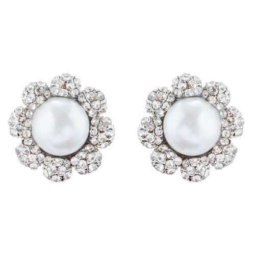 Bridal Wedding Jewelry Crystal Rhinestone Pearl Flowers Stud Earrings Silver WT