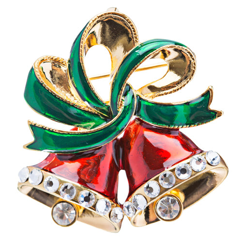 Christmas Jewelry Red Bells Green Ribbon Gold Tone Holiday Crystal Charm Brooch