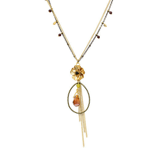 Semiprecious Flower & Chain Tear Drop Necklace Gold