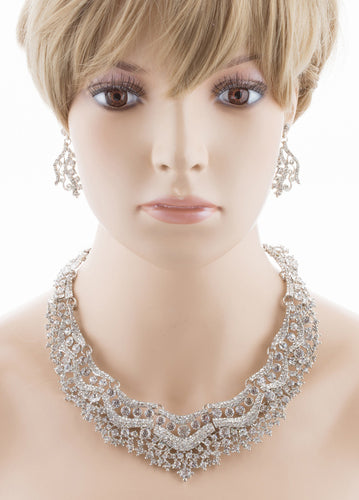 Bridal Wedding Jewelry Set Crystal Rhinestones Stunning Bib Necklace Silver - Accessoriesforever