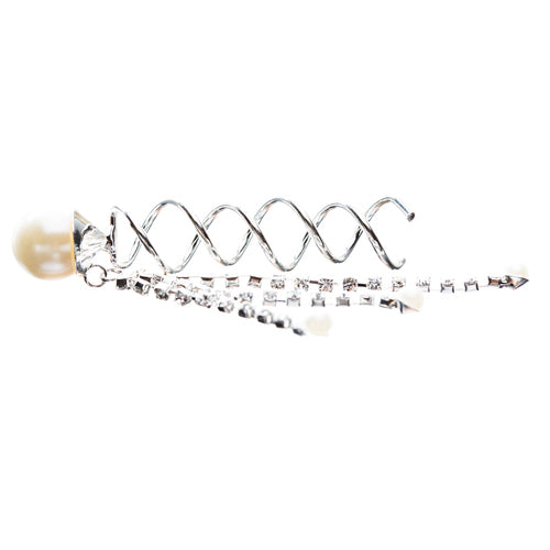 Bridal Wedding Jewelry Hair Spiral Pin Crystal Chain Dangle Pearl Silver Cream - Accessoriesforever