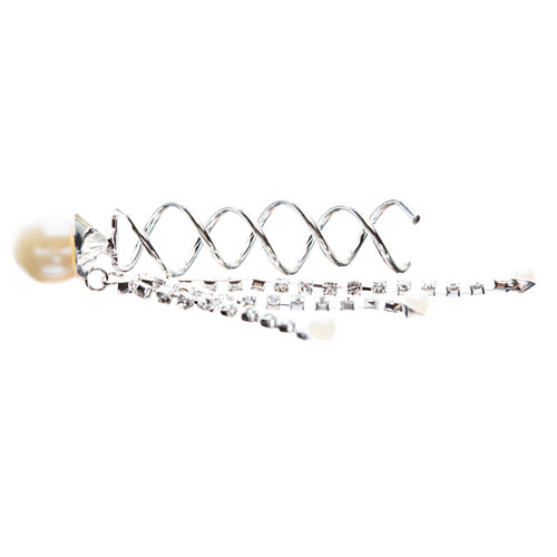Bridal Wedding Jewelry Hair Spiral Pin Crystal Chain Dangle Pearl Silver Cream
