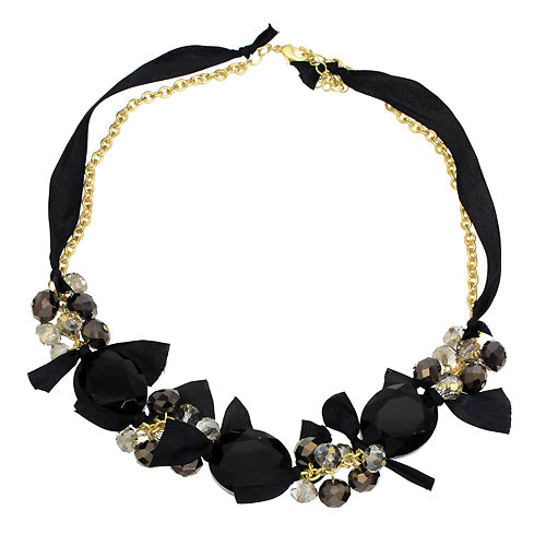 Handmade Crystal Satin Ribbon Bow Necklace Black