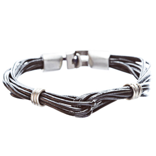 8-Strand Pewter T Clip Clasp Leather Bracelet Black - Accessoriesforever