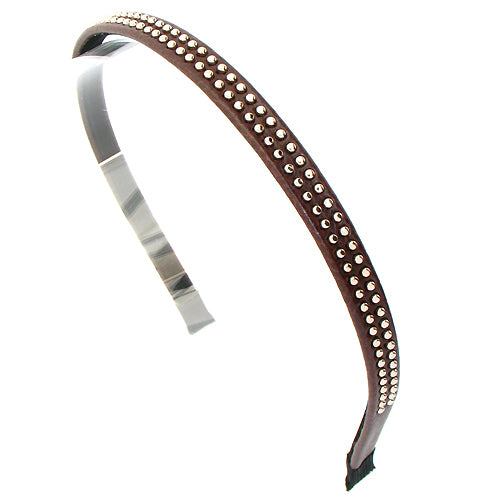 Double Row Gold Ball Stud Leatherette Brown Headband - Accessoriesforever