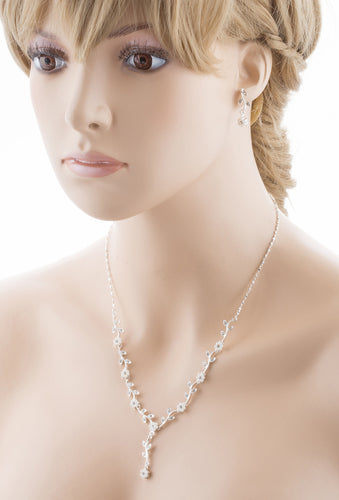 Bridal Wedding Jewelry Set Crystal Pearl Beautiful Flowers Vine Necklace Silver - Accessoriesforever