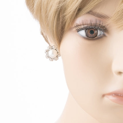 Bridal Wedding Jewelry Crystal Rhinestone Pearl Flowers Stud Earrings Silver WT - Accessoriesforever