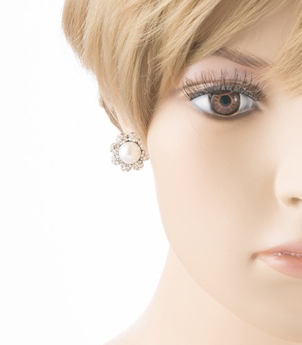 Bridal Wedding Jewelry Crystal Rhinestone Pearl Flowers Stud Earrings Silver WT
