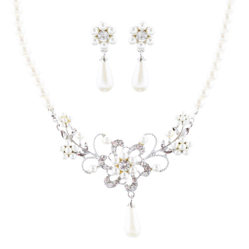 Bridal Wedding Jewelry Set Crystal Rhinestone Pearl Glittering Floral Necklace - Accessoriesforever