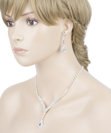 Bridal Wedding Jewelry Set  Necklace Earring Crystal Rhinestone V Drop J738 SV - Accessoriesforever