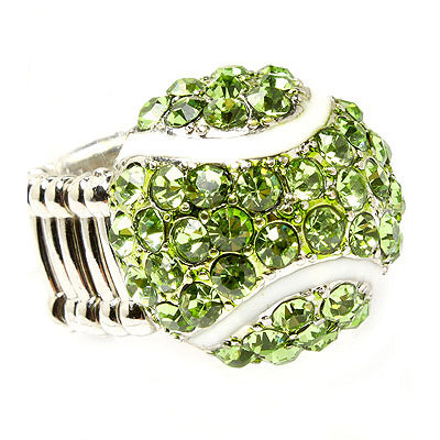 Sport Tennis Ball Crystal Rhinestone 20mm Stretch Adjustable Ring Silver Green