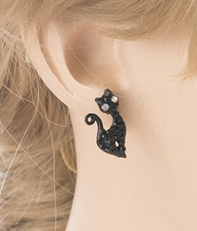 Sparkle Cute Crystal Rhinestone Animal Cat Fashion Stud Earrings Hemitate Black