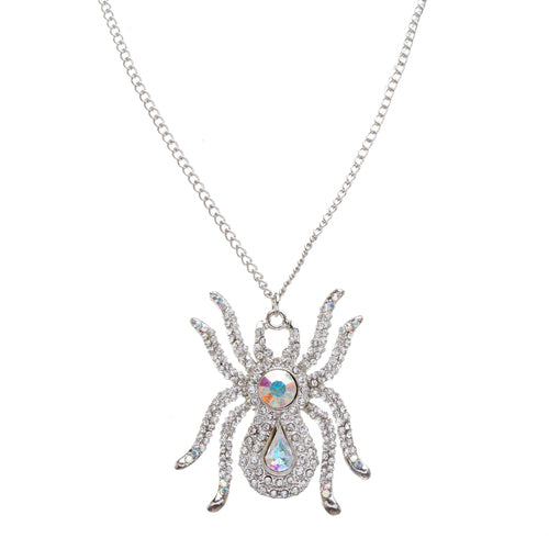 Halloween Costume Jewelry Rhinestone Sparkle Spider Charm Necklace Silver