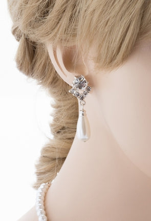 Bridal Wedding Jewelry Set Crystal Pearl Linear Teardrop Necklace - Accessoriesforever