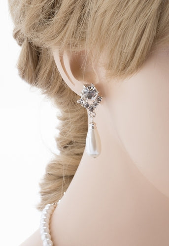 Bridal Wedding Jewelry Set Crystal Pearl Linear Teardrop Necklace