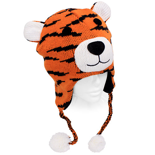 Knitted 3D Animal Trooper Trapper Hat Ear Flaps Braided Tassels Orange Bengal