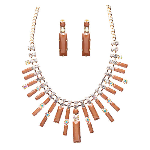 Chic Trendy Fashion Link Design Rhinestone Statement Necklace Set Brown