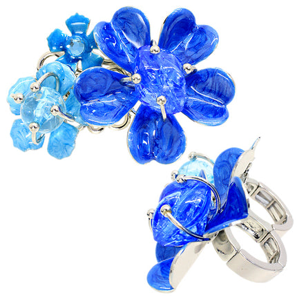 Multi Flower Two Finger Stretch Ring Blue