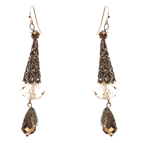 Bold Fashion Crystal Rhinestone Brassy Tear Drop Cone Design Earrings E841 Brown - Accessoriesforever