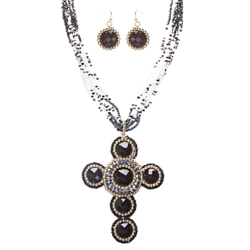 Cross Jewelry Traditional Design Beaded Necklace & Earrings Set JN245 Black