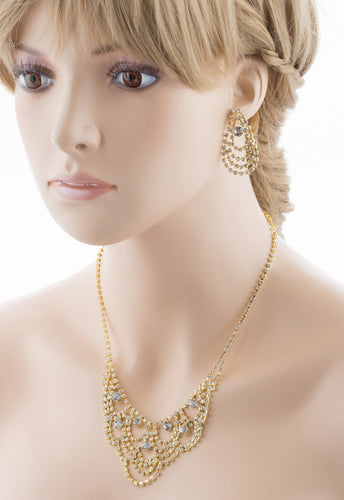 Bridal Wedding Jewelry Set Necklace Earring Crystal Rhinestone Bib Drape Gold - Accessoriesforever