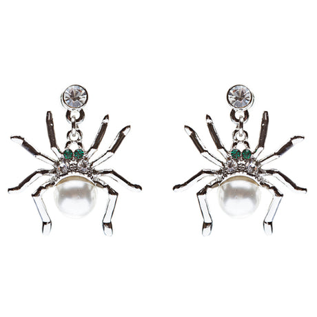 Halloween Costume Jewelry Spider Crystal Pearl Dangle Charm Earring Silver White