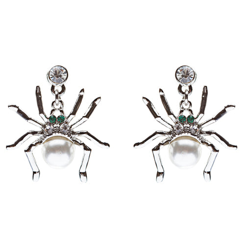 Halloween Costume Jewelry Spider Crystal Pearl Dangle Charm Earring Silver White