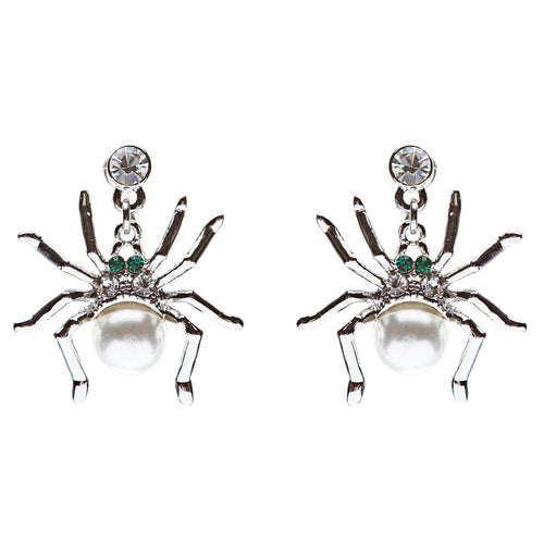 Halloween Costume Jewelry Spider Crystal Pearl Dangle Charm Earring Silver White