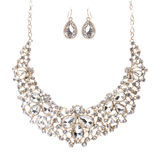 Bridal Wedding Jewelry Crystal Rhinestone Stately Design Necklace Set J588 Gold