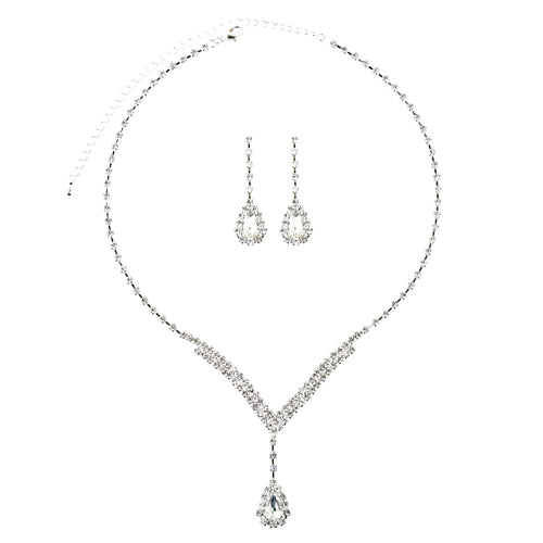 Bridal Wedding Jewelry Set  Necklace Earring Crystal Rhinestone V Drop J738 SV - Accessoriesforever