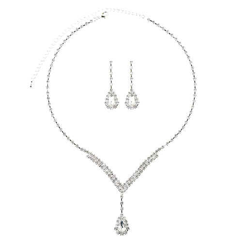 Bridal Wedding Jewelry Set  Necklace Earring Crystal Rhinestone V Drop J738 SV
