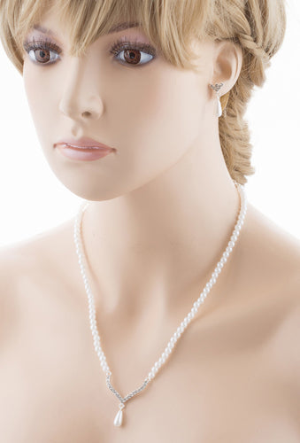 Bridal Wedding Jewelry Set Crystal Rhinestone Teardrop Pearl Soft V Necklace - Accessoriesforever