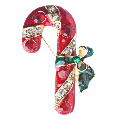 Christmas Jewelry Crystal Rhinestone Holiday Candy Cane Brooch Pin BH126 Gold