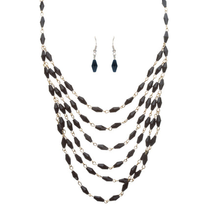 Beautiful Simple Multi Layered Bead Drape Design Statement Necklace Set Black