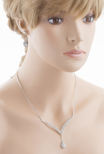 Bridal Wedding Jewelry Set Necklace Earring Crystal Rhinestone LG V Drop Silver - Accessoriesforever