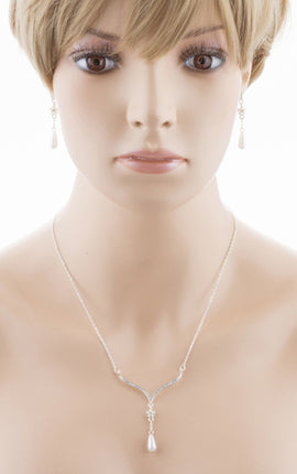 Bridal Wedding Jewelry Crystal Rhinestone Pearl Simple Elegant Y Necklace Silver - Accessoriesforever