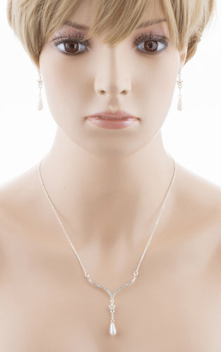 Bridal Wedding Jewelry Crystal Rhinestone Pearl Simple Elegant Y Necklace Silver - Accessoriesforever