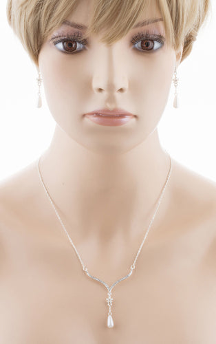 Bridal Wedding Jewelry Crystal Rhinestone Pearl Simple Elegant Y Necklace Silver
