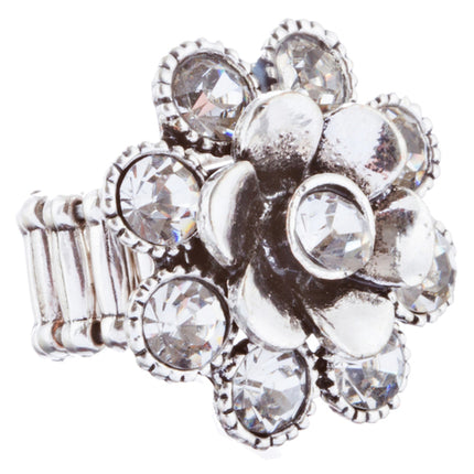 Beautiful Floral Design Crystal Rhinestones Fashion Stretch Ring R231 Silver - Accessoriesforever