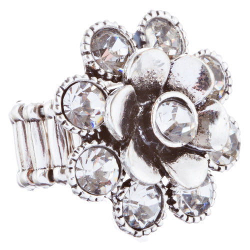 Beautiful Floral Design Crystal Rhinestones Fashion Stretch Ring R231 Silver - Accessoriesforever