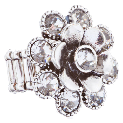 Beautiful Floral Design Crystal Rhinestones Fashion Stretch Ring R231 Silver