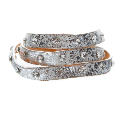 Trendy Distressed Faux Leather Crystal Studs Design Fashion Wrap Bracelet White
