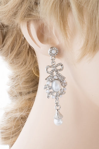 Bridal Wedding Jewelry Crystal Rhinestone Pearl Ribbon Bow Dangle Earrings White - Accessoriesforever