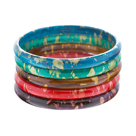 Fashion Chic Unique Set Abstract 5 Bangle Bracelets Multi Colored Gold Red Green